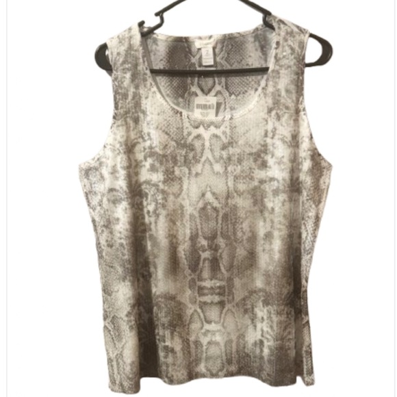 Chico's Tops - Chicos Neutral Batik Sequined Snake Print Tank Top Sage Green and Cream